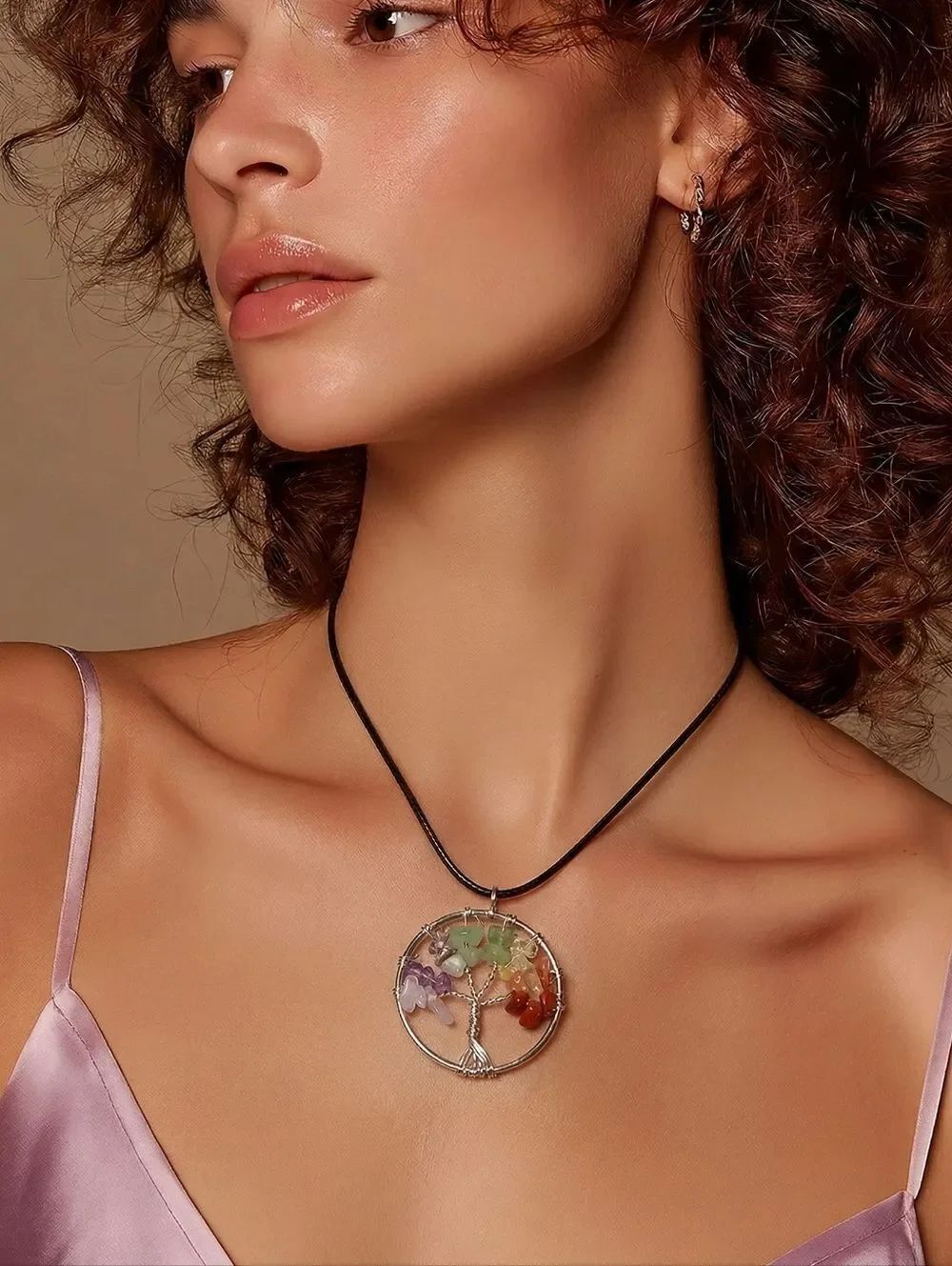 Chakra Silver Tree of Life Pendant Necklace Wire Wrapped Gemstone Medallion Boho